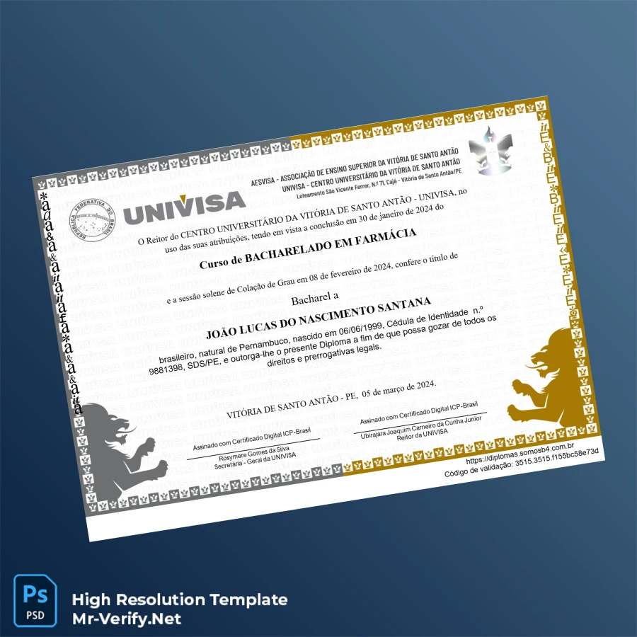 Brazil UNIVISA Bachelor of Pharmacy Degree Template – Fully Editable & Print-Ready 2 Page Brazil UNIVISA Bachelor of Pharmacy Degree Template – Fully Editable & Print-Ready 2 Page