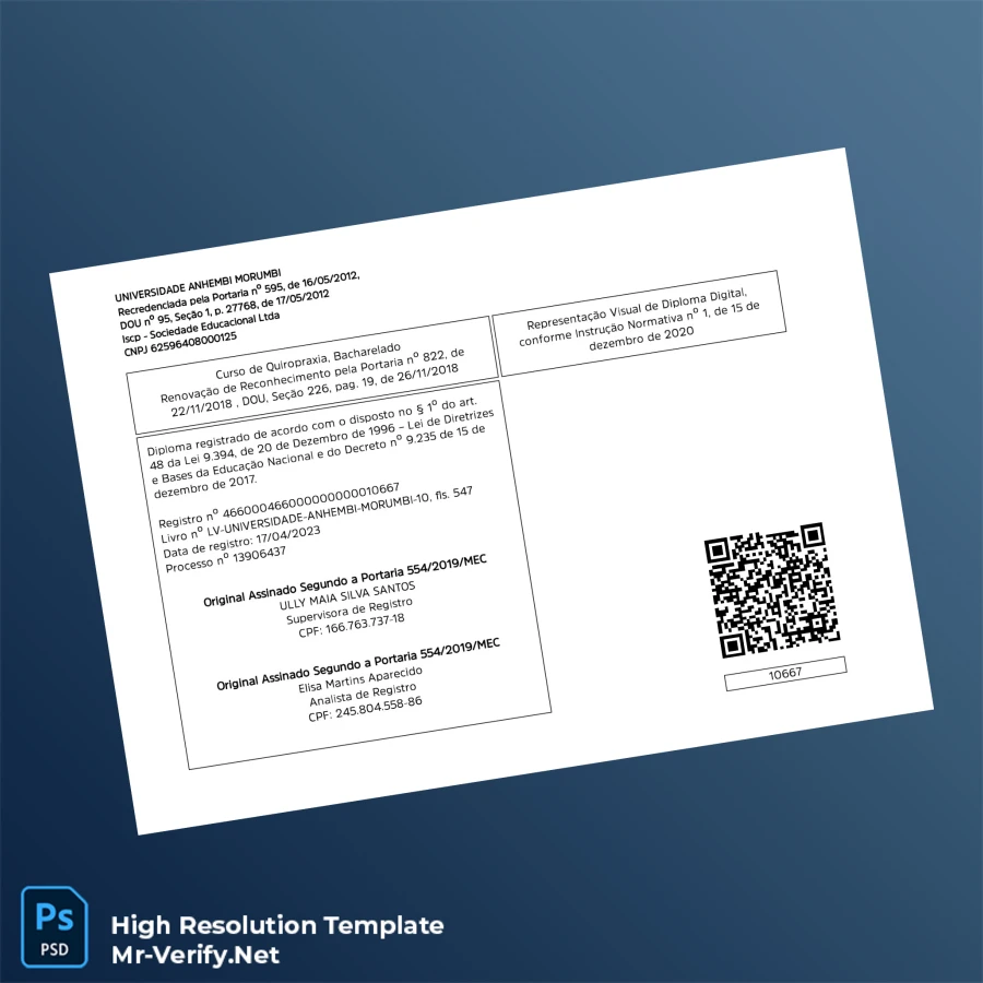 Brazil Universidade Anhembi Morumbi Bachelor of Chiropractic Degree Template – Fully Editable & Print-Ready 2 Page Brazil Universidade Anhembi Morumbi Bachelor of Chiropractic Degree Template – Fully Editable & Print-Ready 2 Page