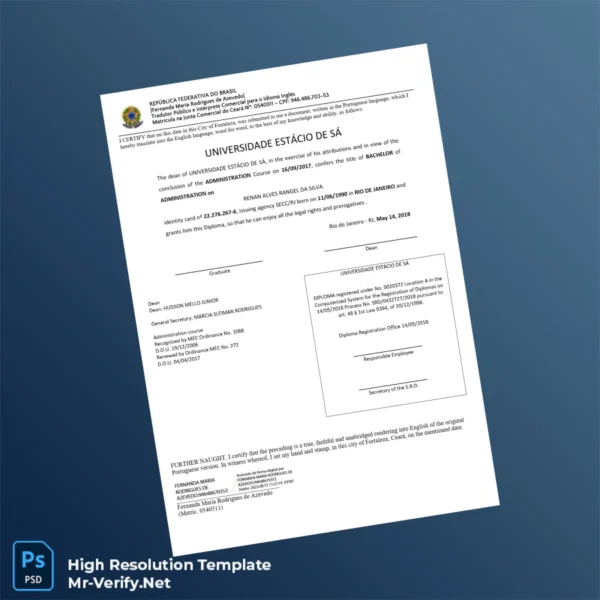 Brazil Universidade Estácio de Sá Bachelor of Administration Template – Fully Editable & Print-Ready Brazil Universidade Estácio de Sá Bachelor of Administration Template – Fully Editable & Print-Ready