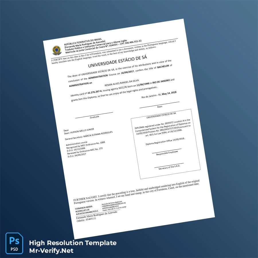 Brazil Universidade Estácio de Sá Bachelor of Administration Template – Fully Editable & Print-Ready Brazil Universidade Estácio de Sá Bachelor of Administration Template – Fully Editable & Print-Ready