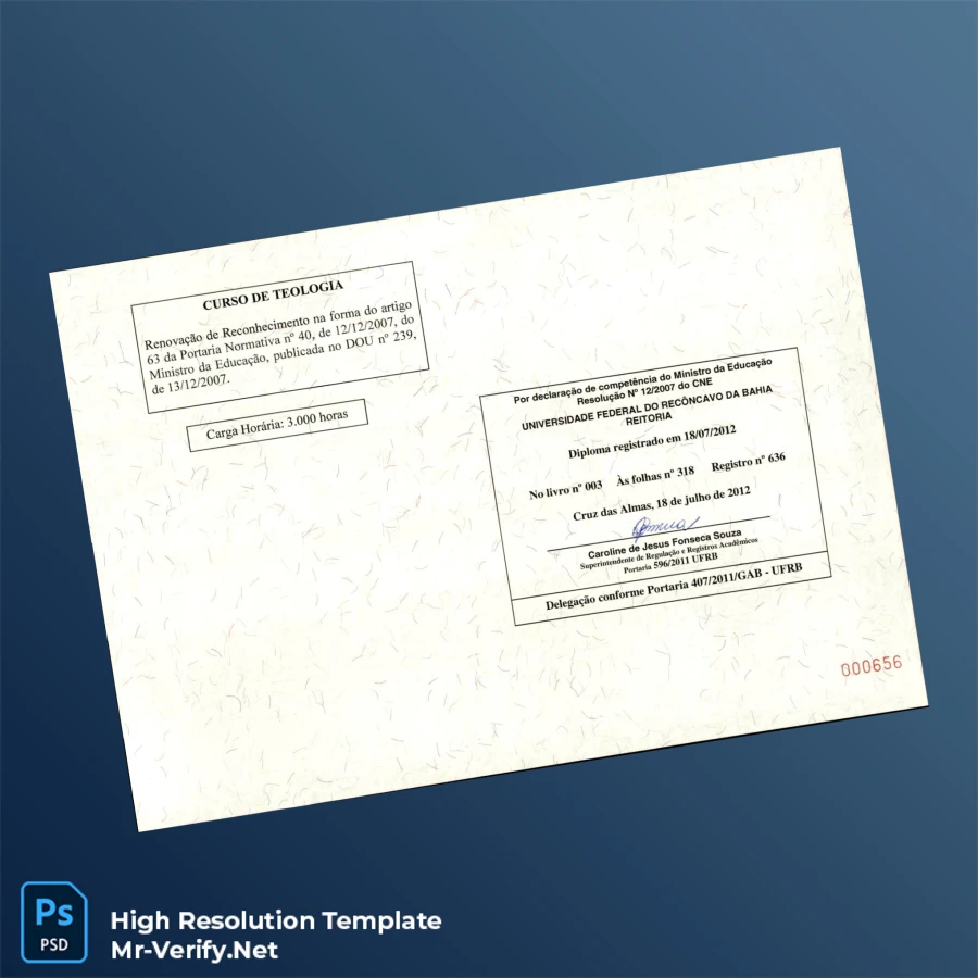 Brazil Universidade Federal do Reconcavo da Bahia Bachelor of Theology Diploma Template – Fully Editable High-Resolution 2 Page Brazil Universidade Federal do Reconcavo da Bahia Bachelor of Theology Diploma Template – Fully Editable High-Resolution 2 Page