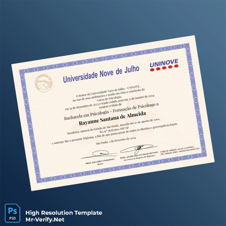 Brazil Universidade Nove de Julho Bachelor of Psychology Template – Fully Editable & High Resolution 2 Page Brazil Universidade Nove de Julho Bachelor of Psychology Template – Fully Editable & High Resolution 2 Page