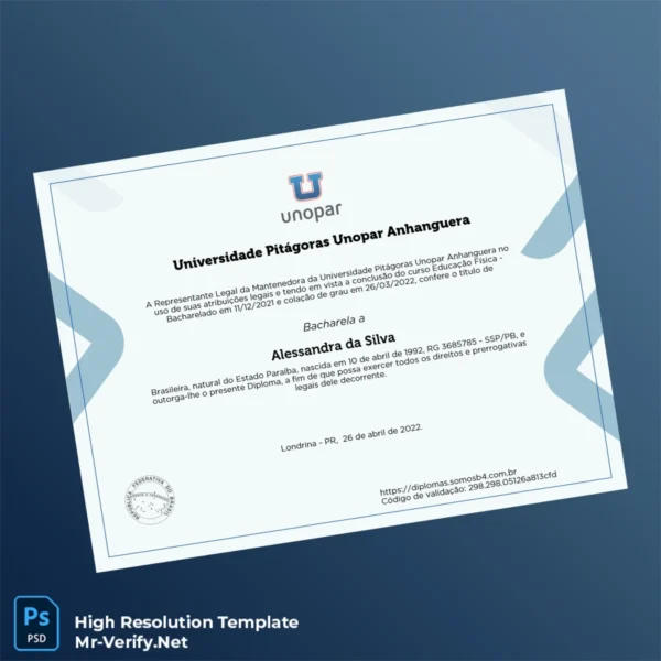 Brazil Universidade Pitágoras Unopar Anhanguera Bachelor of Physical Education Diploma – Fully Editable High Resolution 2 Page Brazil Universidade Pitágoras Unopar Anhanguera Bachelor of Physical Education Diploma – Fully Editable High Resolution 2 Page
