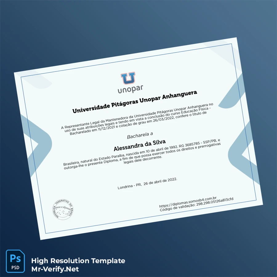 Brazil Universidade Pitágoras Unopar Anhanguera Bachelor of Physical Education Diploma – Fully Editable High Resolution 2 Page Brazil Universidade Pitágoras Unopar Anhanguera Bachelor of Physical Education Diploma – Fully Editable High Resolution 2 Page