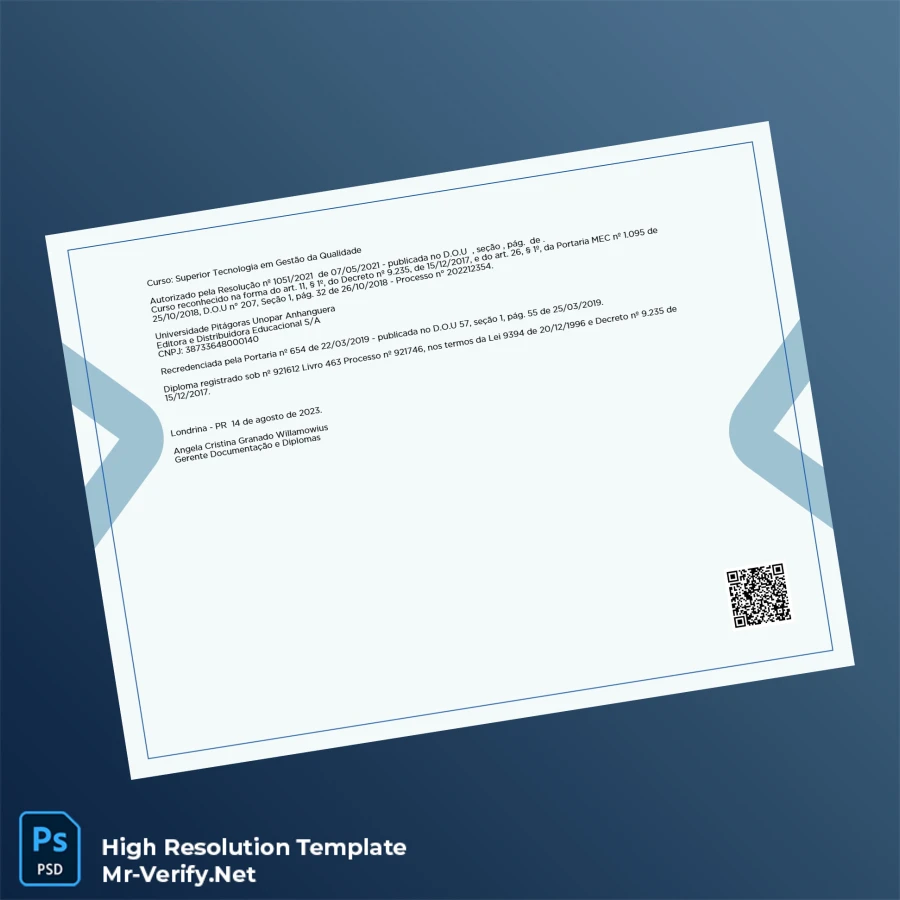 Brazil Universidade Pitágoras Unopar Anhanguera Tecnóloga em Gestão da Qualidade – Fully Editable Print-Ready Diploma 2 Page Brazil Universidade Pitágoras Unopar Anhanguera Tecnóloga em Gestão da Qualidade – Fully Editable Print-Ready Diploma 2 Page