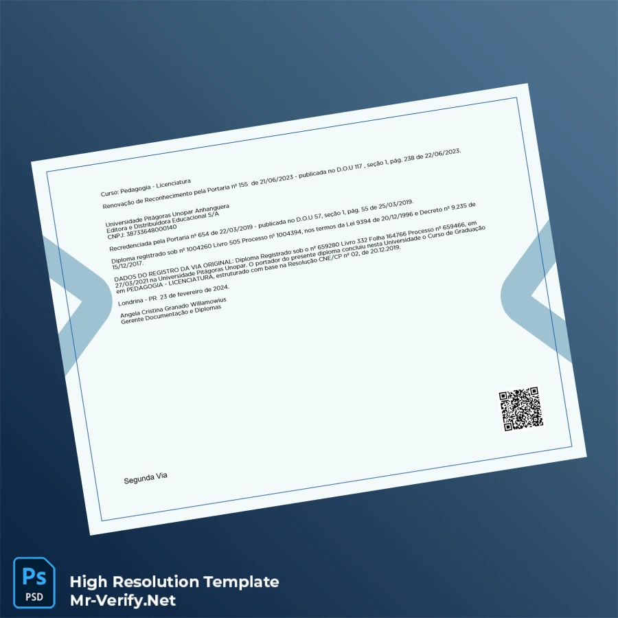 Brazil Universidade Pitágoras Unopar Bachelor of Education Degree Certificate – Fully Editable High Resolution 2 Page Brazil Universidade Pitágoras Unopar Bachelor of Education Degree Certificate – Fully Editable High Resolution 2 Page