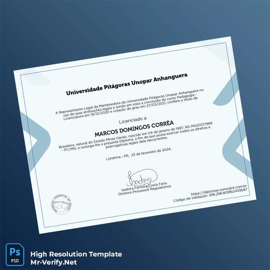 Brazil Universidade Pitágoras Unopar Bachelor of Education Degree Certificate – Fully Editable High Resolution 2 Page Brazil Universidade Pitágoras Unopar Bachelor of Education Degree Certificate – Fully Editable High Resolution 2 Page
