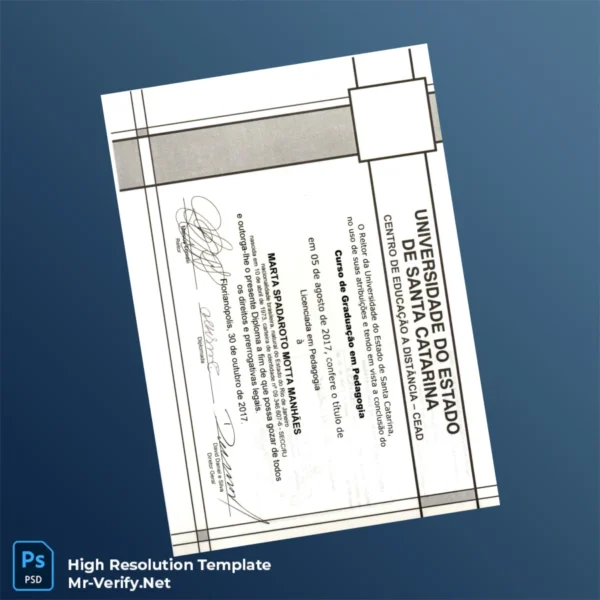 Brazil Universidade do Estado de Santa Catarina Bachelor of Education Diploma Template – Fully Editable & Print-Ready Brazil Universidade do Estado de Santa Catarina Bachelor of Education Diploma Template – Fully Editable & Print-Ready