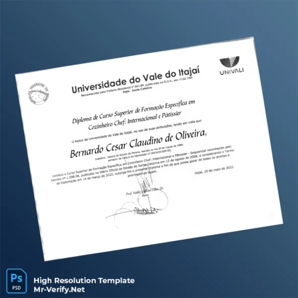 Printable Brazil Universidade do Vale do Itajaí Higher Education Diploma in Chef_ International and Pâtissier Image Preview - PrintDocs