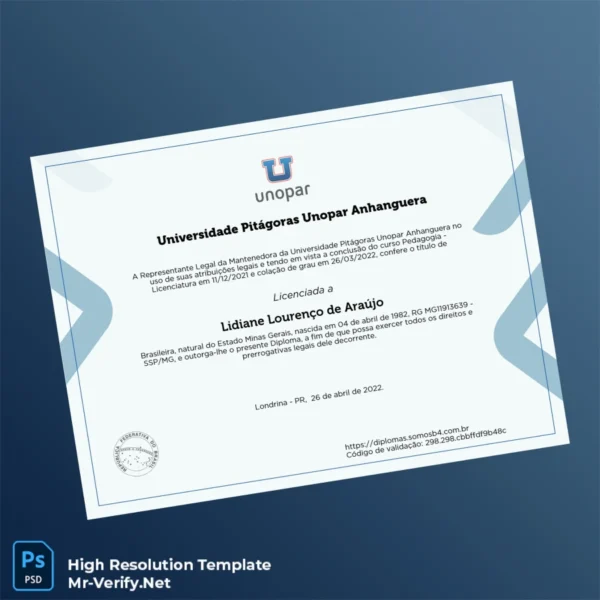 Brazil University Pitágoras Unopar Anhanguera Bachelor of Education Diploma – Fully Editable & High Resolution 2 Page Brazil University Pitágoras Unopar Anhanguera Bachelor of Education Diploma – Fully Editable & High Resolution 2 Page