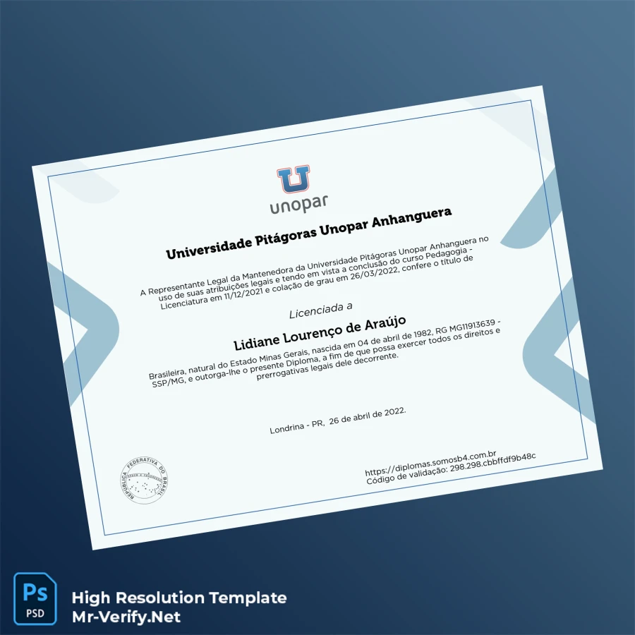 Brazil University Pitágoras Unopar Anhanguera Bachelor of Education Diploma – Fully Editable & High Resolution 2 Page Brazil University Pitágoras Unopar Anhanguera Bachelor of Education Diploma – Fully Editable & High Resolution 2 Page