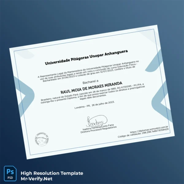 Brazil University Pitágoras Unopar Bachelor of Physical Education Template – Fully Editable & Print-Ready 2 Page Brazil University Pitágoras Unopar Bachelor of Physical Education Template – Fully Editable & Print-Ready 2 Page