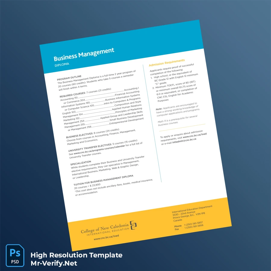 Canada College of New Caledonia Business Management Diploma Template – Fully Editable & Print-Ready 2 Page Canada College of New Caledonia Business Management Diploma Template – Fully Editable & Print-Ready 2 Page