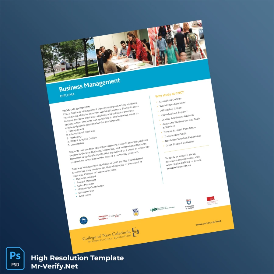 Canada College of New Caledonia Business Management Diploma Template – Fully Editable & Print-Ready 2 Page Canada College of New Caledonia Business Management Diploma Template – Fully Editable & Print-Ready 2 Page