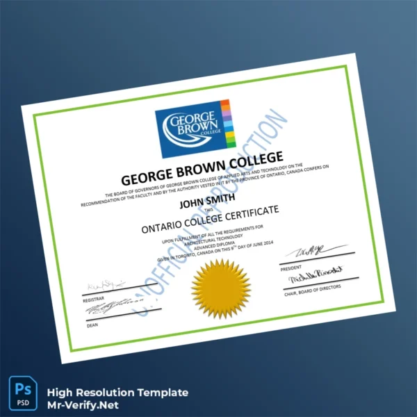 Canada George Brown College Ontario College Certificate Template – Fully Editable & High Resolution Canada George Brown College Ontario College Certificate Template – Fully Editable & High Resolution