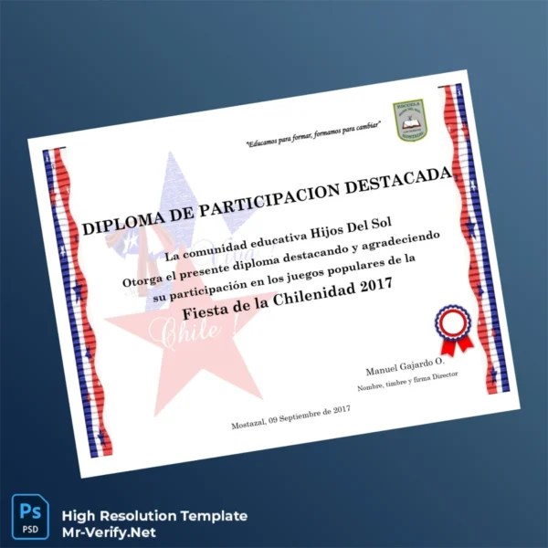 Chile Hijos Del Sol Participation Diploma in Fiesta de la Chilenidad 2017 – Fully Editable High Resolution Chile Hijos Del Sol Participation Diploma in Fiesta de la Chilenidad 2017 – Fully Editable High Resolution