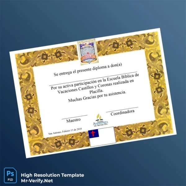 Printable Chile Iglesia Adventista del Séptimo Día Participation Diploma Template Image Preview - PrintDocs