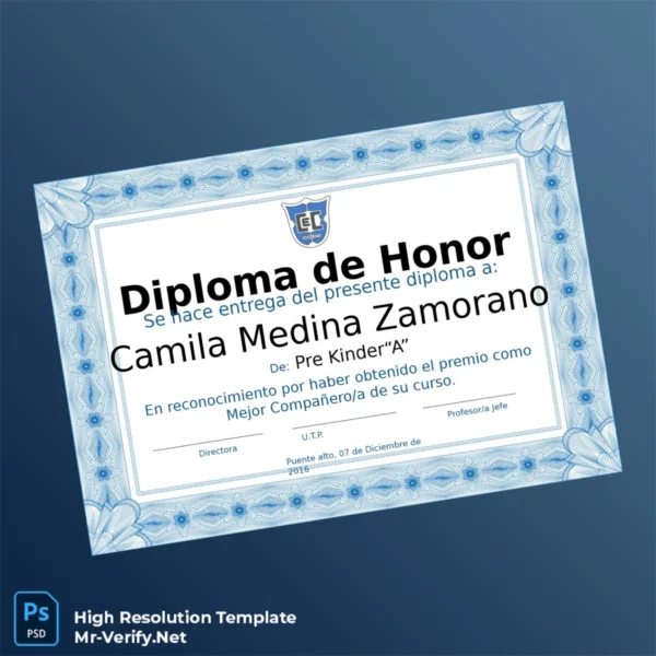 Chile Puente Alto School Honor Diploma Template – Fully Editable & Print-Ready Chile Puente Alto School Honor Diploma Template – Fully Editable & Print-Ready