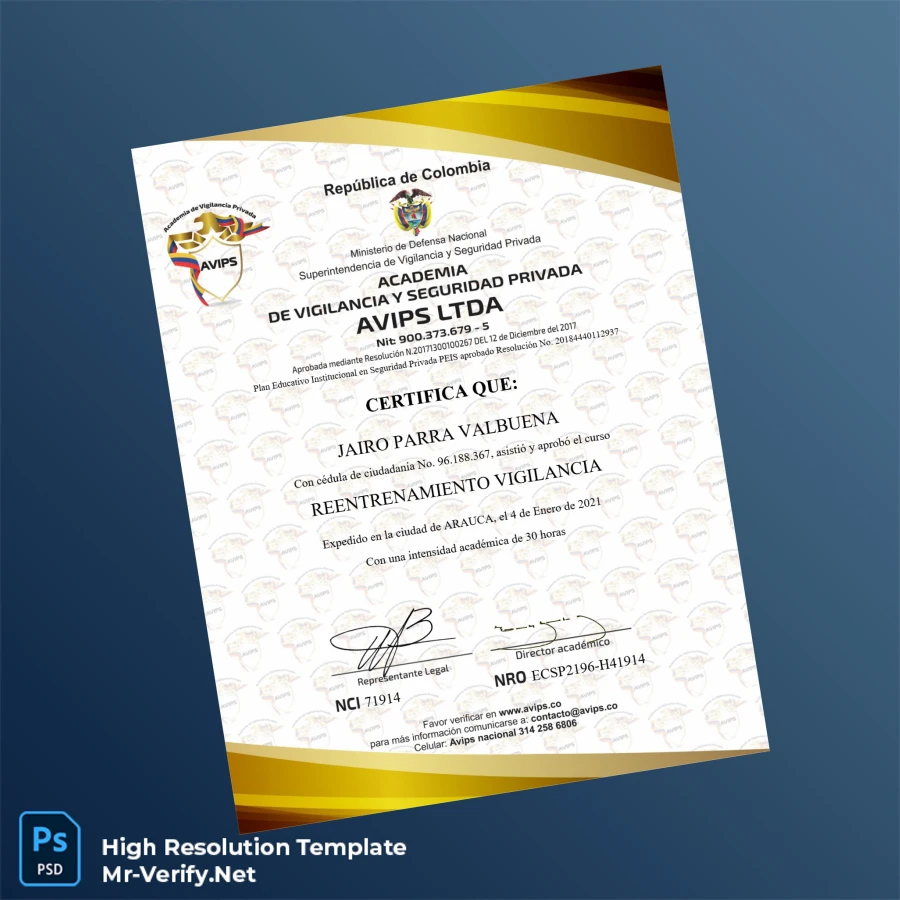 Colombia AVIPS LTDA Certificate of Completion in Surveillance Training – Fully Editable (High Resolution) Colombia AVIPS LTDA Certificate of Completion in Surveillance Training – Fully Editable (High Resolution)