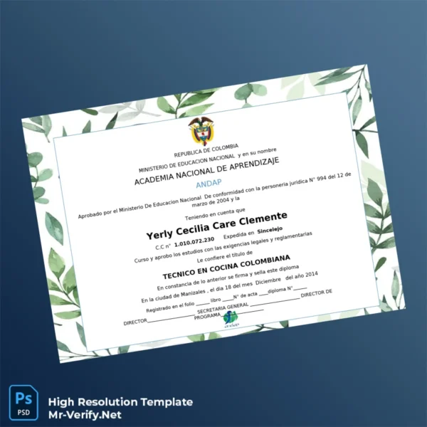 Colombia Academia Nacional de Aprendizaje Tecnico en Cocina Colombiana – Fully Editable High-Resolution Diploma Template Colombia Academia Nacional de Aprendizaje Tecnico en Cocina Colombiana – Fully Editable High-Resolution Diploma Template