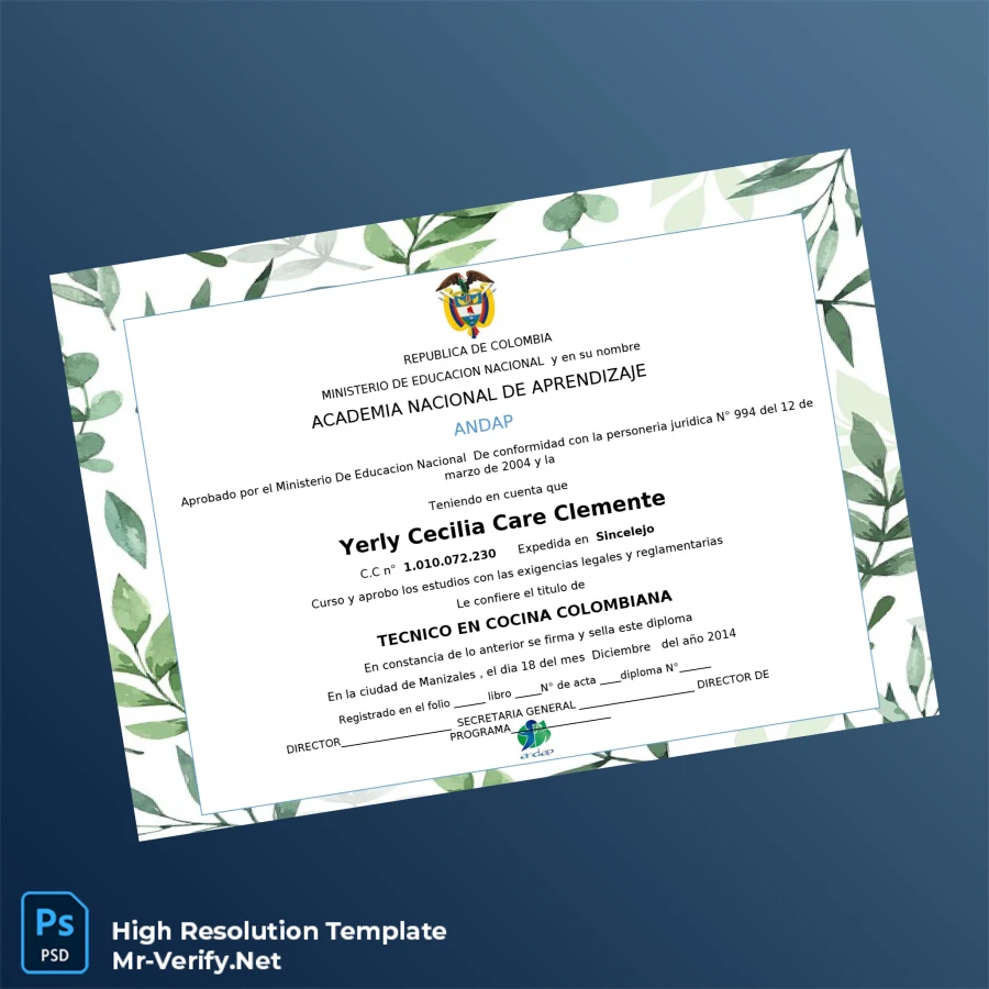 Colombia Academia Nacional de Aprendizaje Tecnico en Cocina Colombiana – Fully Editable High-Resolution Diploma Template Colombia Academia Nacional de Aprendizaje Tecnico en Cocina Colombiana – Fully Editable High-Resolution Diploma Template