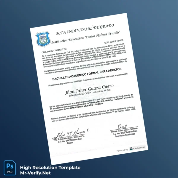 Colombia Carlos Holmes Trujillo High School Diploma – Fully Editable & Print-Ready 2 Page Colombia Carlos Holmes Trujillo High School Diploma – Fully Editable & Print-Ready 2 Page