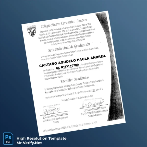 Colombia Colegio Nuevo Cervantes High School Diploma – Fully Editable & Print-Ready 2 Page Colombia Colegio Nuevo Cervantes High School Diploma – Fully Editable & Print-Ready 2 Page