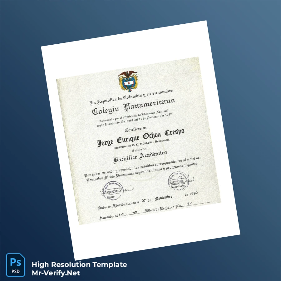 Colombia Colegio Panamericano Bachelor Certificate – Fully Editable & Print-Ready Colombia Colegio Panamericano Bachelor Certificate – Fully Editable & Print-Ready