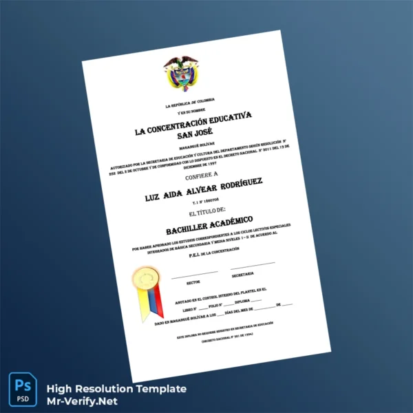 Colombia Concentración Educativa San José Academic Bachelor Diploma – Fully Editable High-Resolution Colombia Concentración Educativa San José Academic Bachelor Diploma – Fully Editable High-Resolution