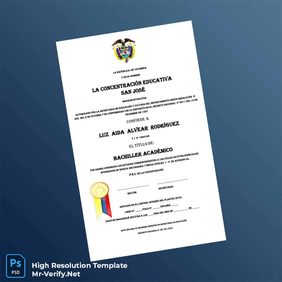 Colombia Concentración Educativa San José Academic Bachelor Diploma – Fully Editable High-Resolution Colombia Concentración Educativa San José Academic Bachelor Diploma – Fully Editable High-Resolution