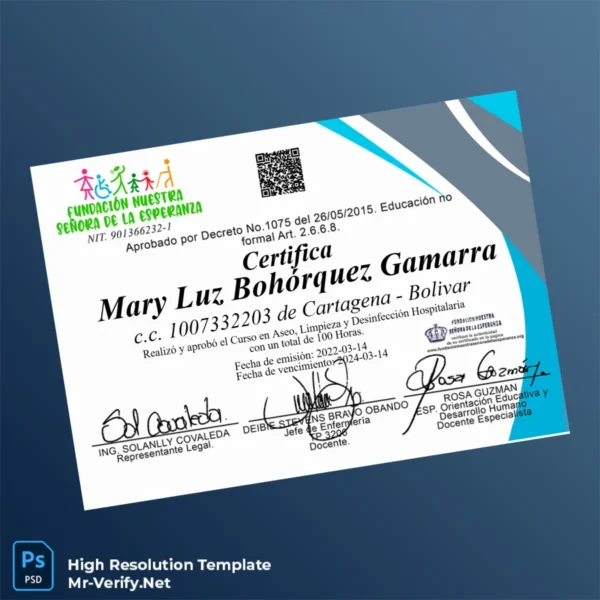 Colombia Fundación Nuestra Señora de la Esperanza Hospital Cleaning Certificate – Fully Editable Print-Ready Colombia Fundación Nuestra Señora de la Esperanza Hospital Cleaning Certificate – Fully Editable Print-Ready