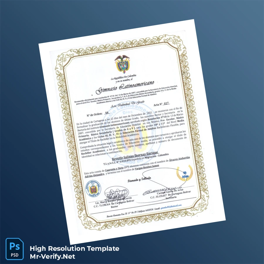 Colombia Gimnasio Latinoamericano Academic Bachelor Diploma – Fully Editable & Print-Ready 2 Page Colombia Gimnasio Latinoamericano Academic Bachelor Diploma – Fully Editable & Print-Ready 2 Page