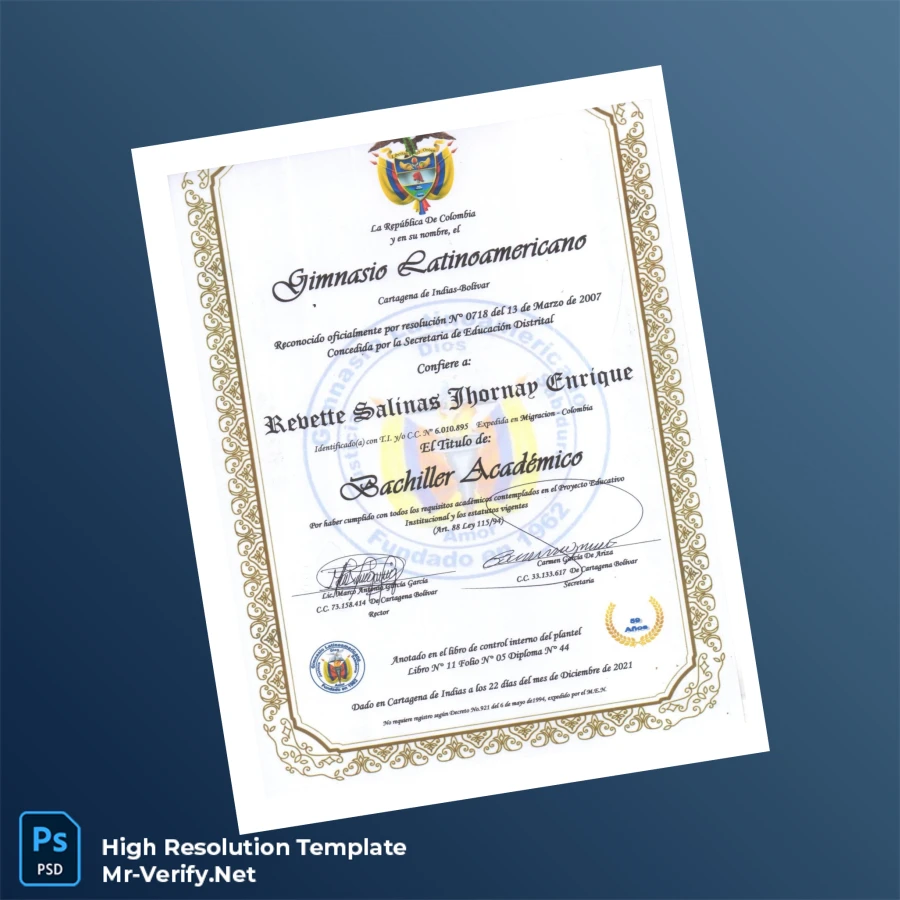 Colombia Gimnasio Latinoamericano Academic Bachelor Diploma – Fully Editable & Print-Ready 2 Page Colombia Gimnasio Latinoamericano Academic Bachelor Diploma – Fully Editable & Print-Ready 2 Page
