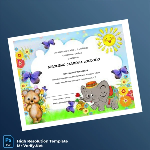Colombia Hogar Comunitario Los Muñecos Preschool Diploma Template – Fully Editable & Print-Ready 2 Page Colombia Hogar Comunitario Los Muñecos Preschool Diploma Template – Fully Editable & Print-Ready 2 Page