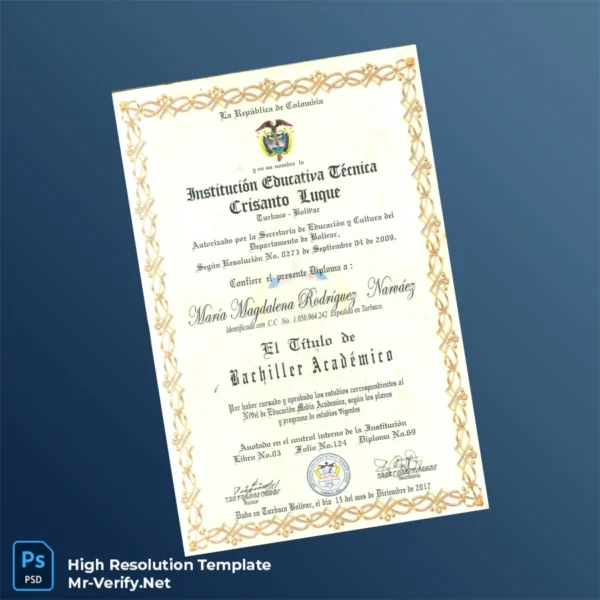 Colombia Institución Educativa Técnica Crisanto Luque High School Diploma – Fully Editable & High Resolution Colombia Institución Educativa Técnica Crisanto Luque High School Diploma – Fully Editable & High Resolution