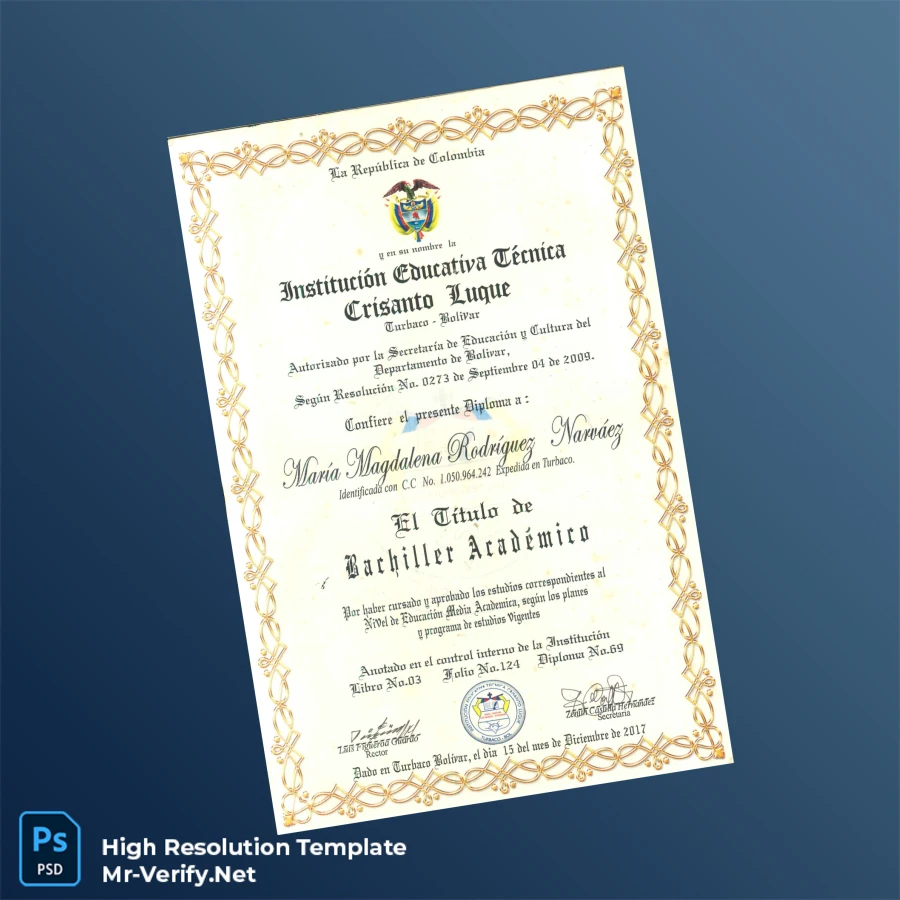 Colombia Institución Educativa Técnica Crisanto Luque High School Diploma – Fully Editable & High Resolution Colombia Institución Educativa Técnica Crisanto Luque High School Diploma – Fully Editable & High Resolution