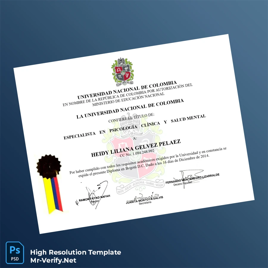 Colombia National University Specialist in Clinical Psychology and Mental Health Diploma – Fully Editable & High Resolution Colombia National University Specialist in Clinical Psychology and Mental Health Diploma – Fully Editable & High Resolution
