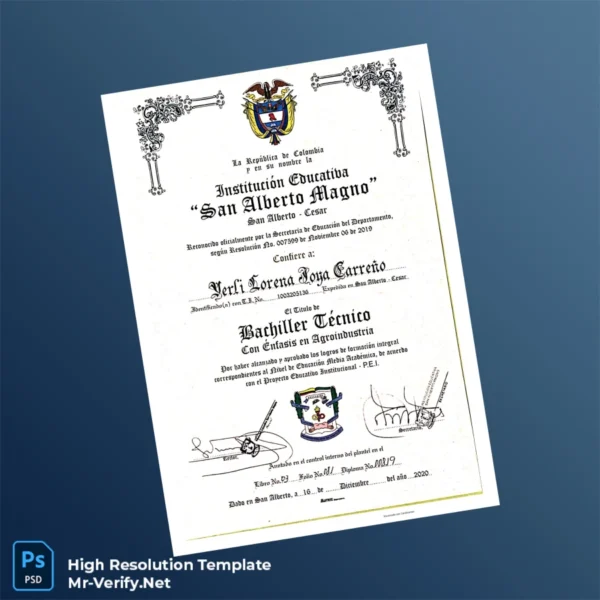 Colombia San Alberto Magno Technical Bachelor with Emphasis in Agroindustry Certificate – Fully Editable High Resolution Colombia San Alberto Magno Technical Bachelor with Emphasis in Agroindustry Certificate – Fully Editable High Resolution