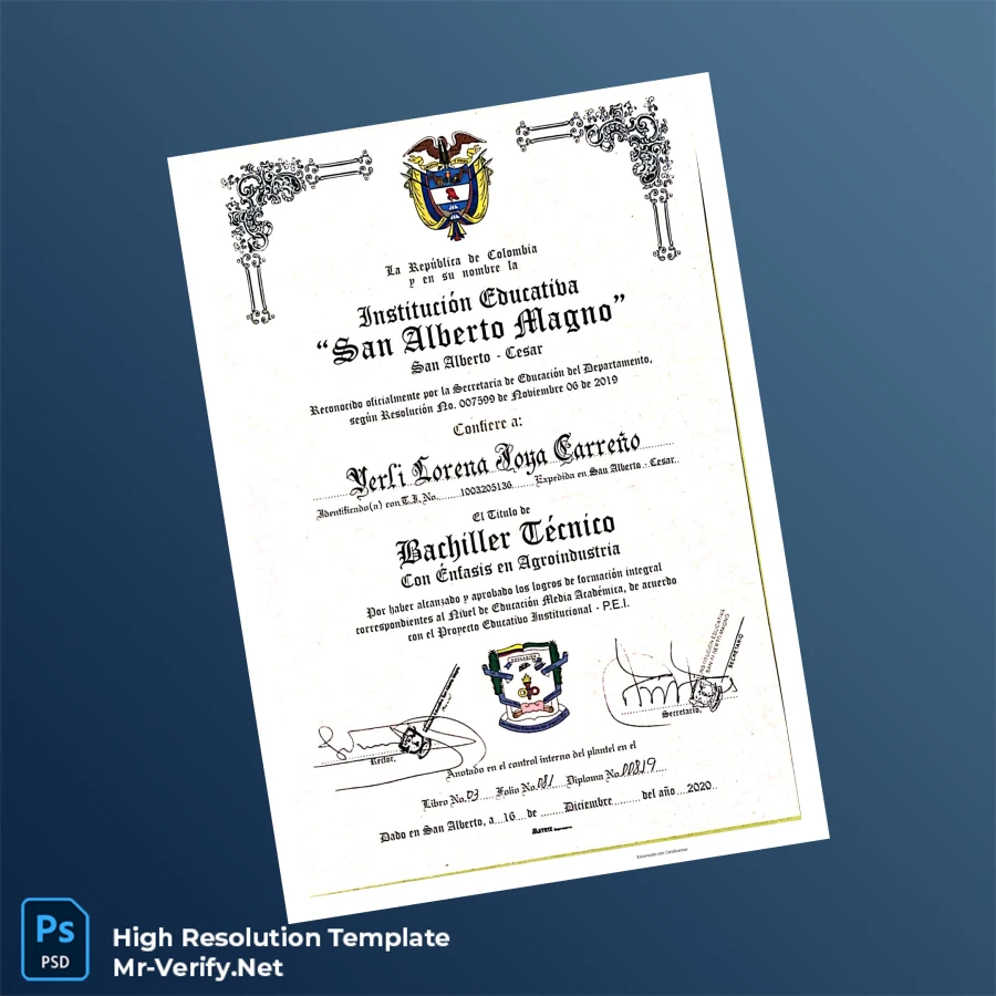 Colombia San Alberto Magno Technical Bachelor with Emphasis in Agroindustry Certificate – Fully Editable High Resolution Colombia San Alberto Magno Technical Bachelor with Emphasis in Agroindustry Certificate – Fully Editable High Resolution
