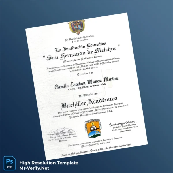 Colombia San Fernando de Melchor High School Academic Bachelor Diploma Template – Fully Editable & Print-Ready Colombia San Fernando de Melchor High School Academic Bachelor Diploma Template – Fully Editable & Print-Ready