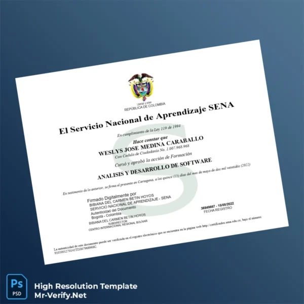 Colombia Servicio Nacional de Aprendizaje SENA Analysis and Development of Software Diploma – Fully Editable High Resolution Colombia Servicio Nacional de Aprendizaje SENA Analysis and Development of Software Diploma – Fully Editable High Resolution