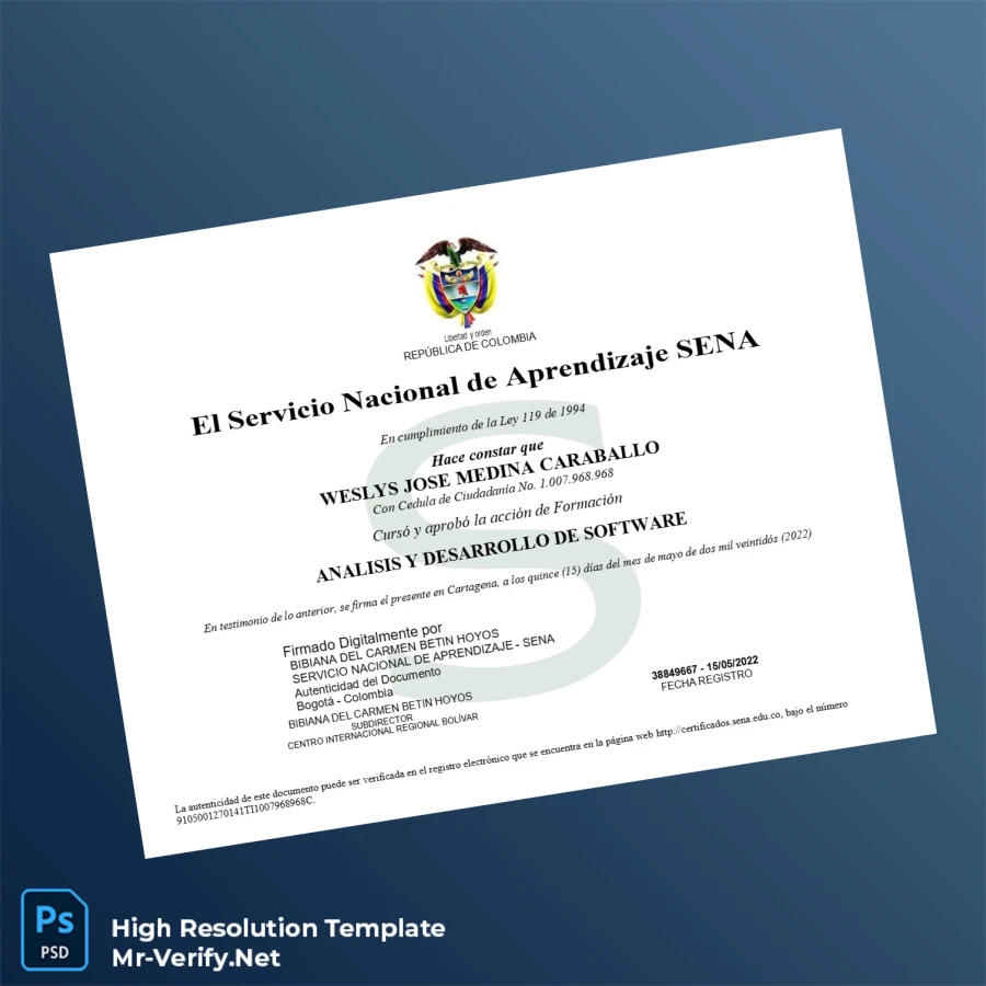 Colombia Servicio Nacional de Aprendizaje SENA Analysis and Development of Software Diploma – Fully Editable High Resolution Colombia Servicio Nacional de Aprendizaje SENA Analysis and Development of Software Diploma – Fully Editable High Resolution