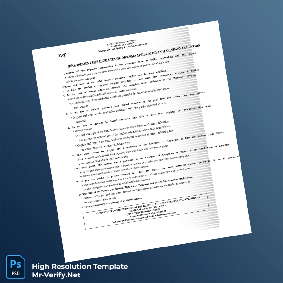Costa Rica Ministry of Public Education High School Diploma – Fully Editable & Print-Ready 3 Page Costa Rica Ministry of Public Education High School Diploma – Fully Editable & Print-Ready 3 Page