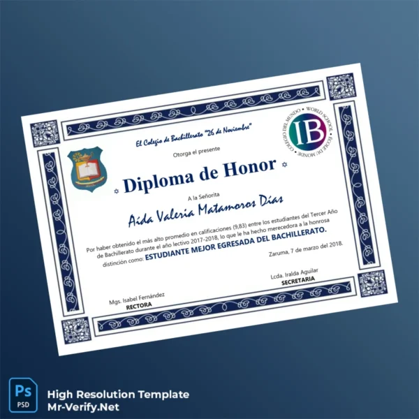 Ecuador Colegio de Bachillerato _26 de Noviembre_ Honorable Diploma Certificate – Fully Editable & Print-Ready Ecuador Colegio de Bachillerato _26 de Noviembre_ Honorable Diploma Certificate – Fully Editable & Print-Ready