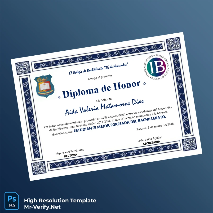 Ecuador Colegio de Bachillerato _26 de Noviembre_ Honorable Diploma Certificate – Fully Editable & Print-Ready Ecuador Colegio de Bachillerato _26 de Noviembre_ Honorable Diploma Certificate – Fully Editable & Print-Ready