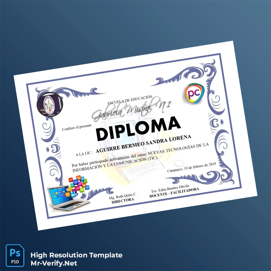 Ecuador Gabriela Mistral School Diploma in New Information and Communication Technologies – Fully Editable High Resolution Ecuador Gabriela Mistral School Diploma in New Information and Communication Technologies – Fully Editable High Resolution