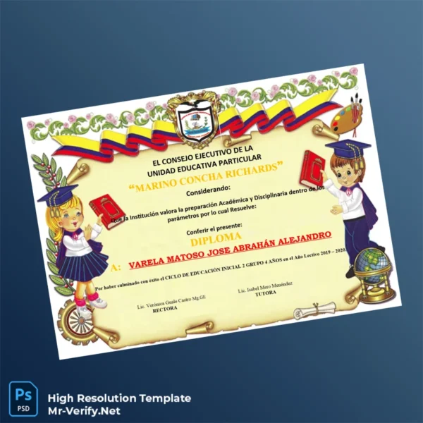 Ecuador Marino Concha Richards Diploma in Initial Education 2019-2020 – Fully Editable High Resolution