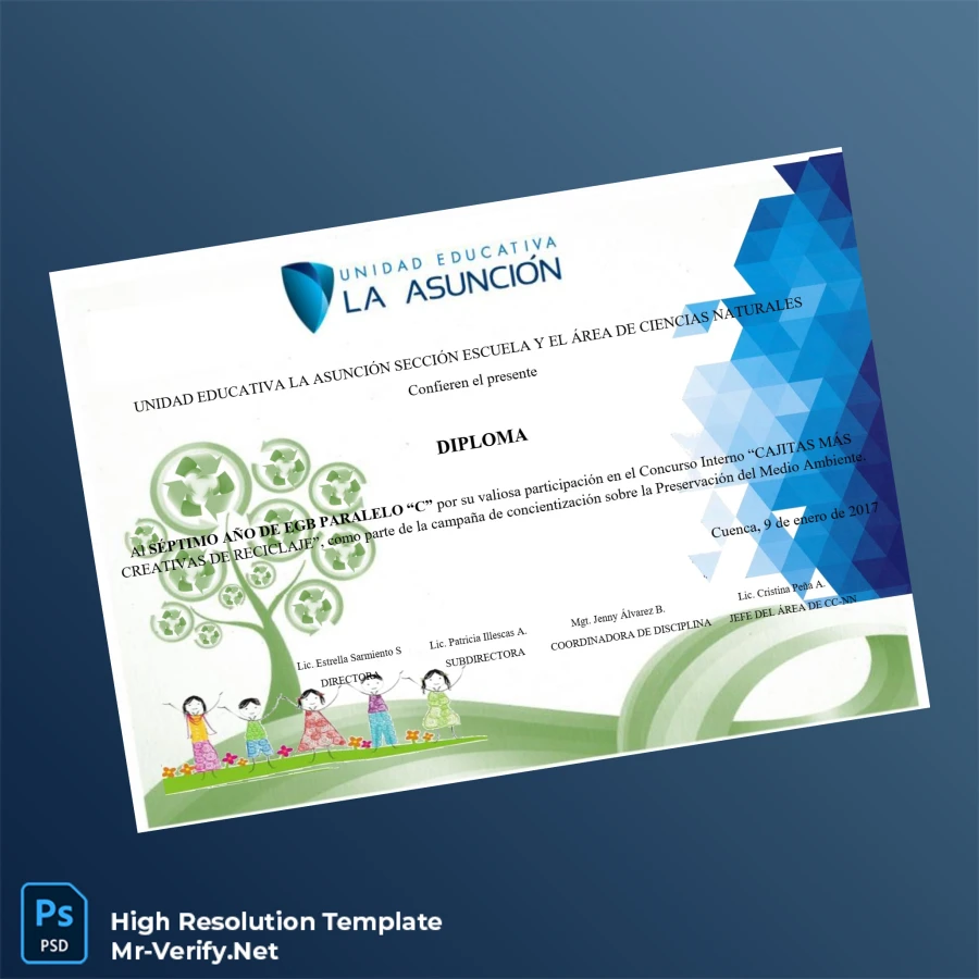 Ecuador Unidad Educativa La Asunción Diploma for Participation in Recycling Contest EGB 7C – Fully Editable High Resolution Ecuador Unidad Educativa La Asunción Diploma for Participation in Recycling Contest EGB 7C – Fully Editable High Resolution