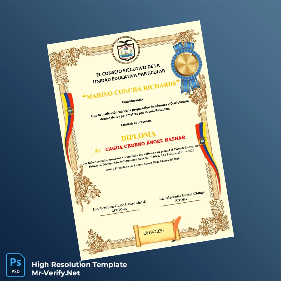 Ecuador Unidad Educativa Particular Marino Concha Richards High School Diploma – Fully Editable Print-Ready 7 Page Ecuador Unidad Educativa Particular Marino Concha Richards High School Diploma – Fully Editable Print-Ready 7 Page