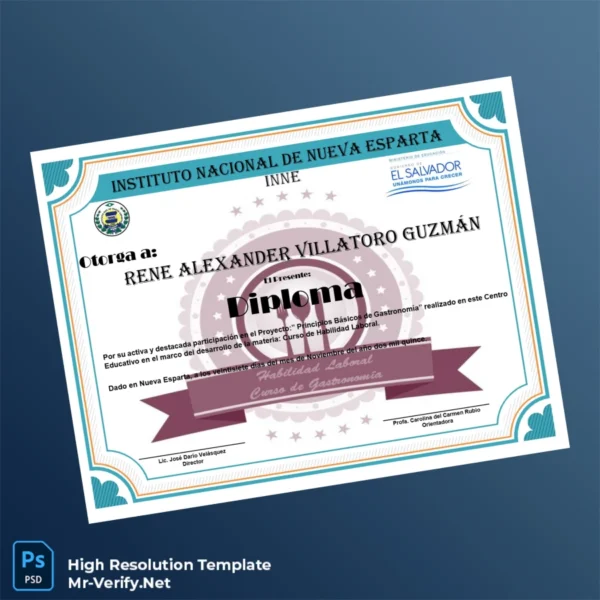 El Salvador Instituto Nacional de Nueva Esparta Diploma in Gastronomy Template – Fully Editable & Print-Ready El Salvador Instituto Nacional de Nueva Esparta Diploma in Gastronomy Template – Fully Editable & Print-Ready